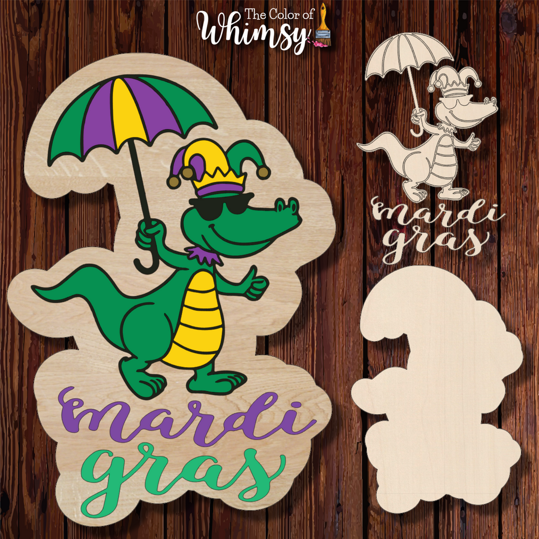 Alligator with Umbrella Mardi Gras Sign Etched or Layered