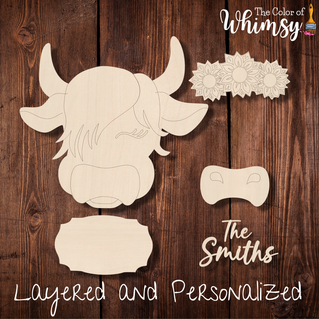 Layered Highland Cow with Separate Sign - Personalized
