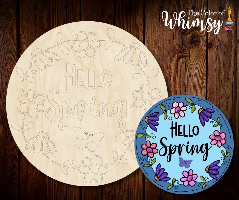 Floral Ring Hello Spring Unfinished Wood Shape For Door Hanger or Sign ...